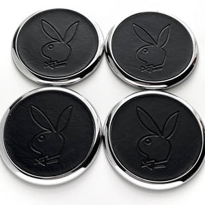 Vintage Playboy Drink Coasters - Black Faux Leather Bar Table Barware